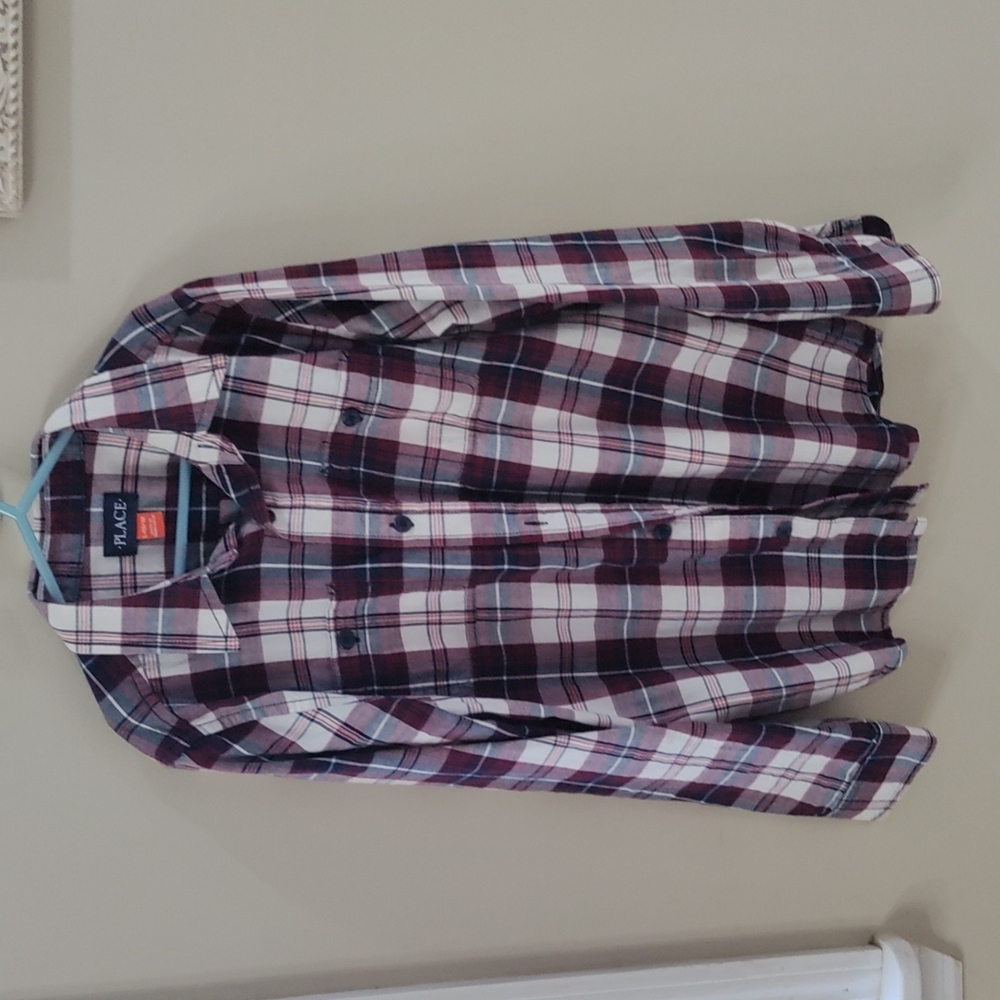 Boys burgundy and white button down shirt size L